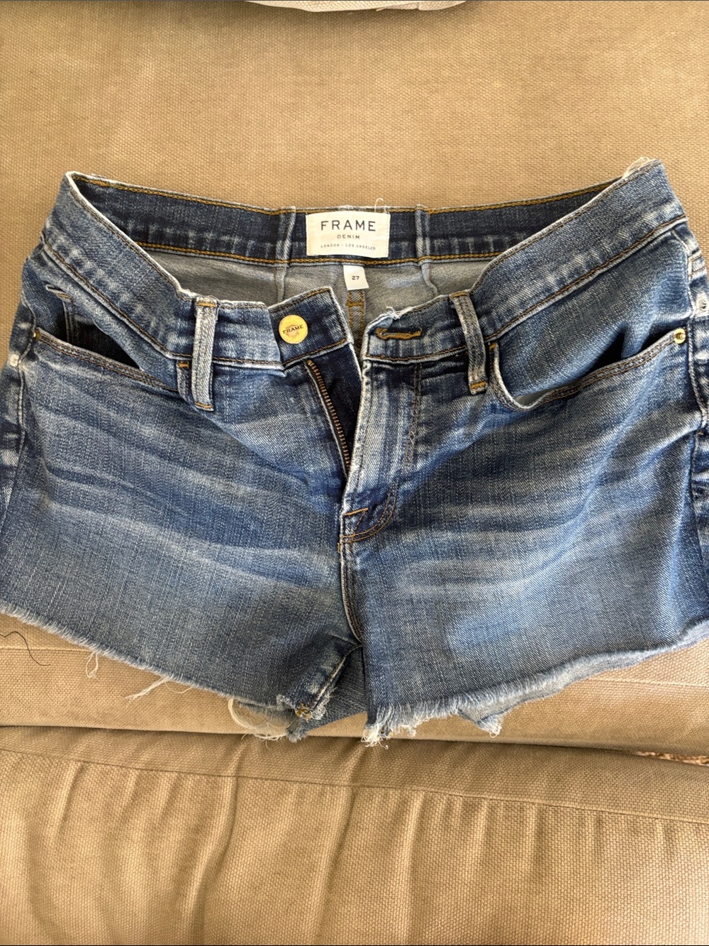 Frame Denim Faded Blue Cutoff Jean Shorts with Frayed Hem